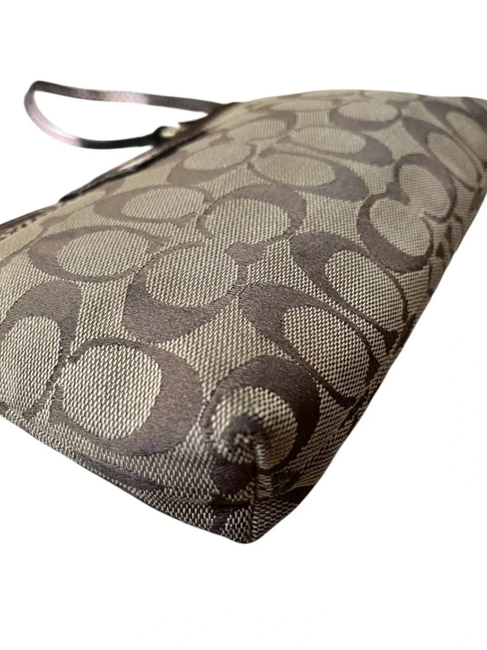 Vintage Coach Signature Brown/Tan Canvas and Leather Turnlock Pouchette Wristlet